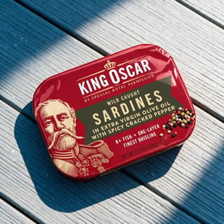 Sardine tin on sunlit deck boards with sharp shadows — hard-light tinned food photography