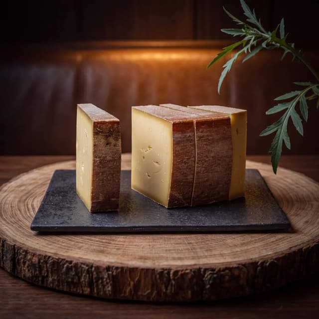 Aged cheese slices on slate over a ring-cut oak round — wood surface food photography