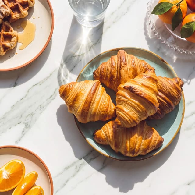 Butter croissants on sunlit white marble with oranges — breakfast scene food photography