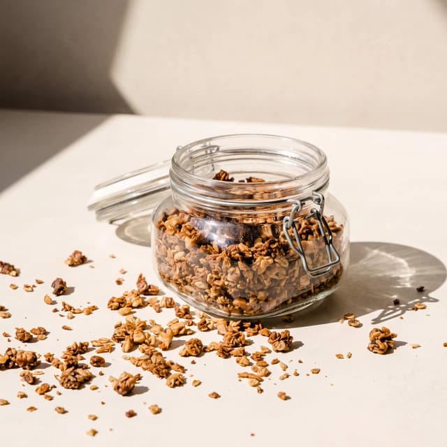 Clip-top glass jar of granola in hard window light — matched shadow food photography