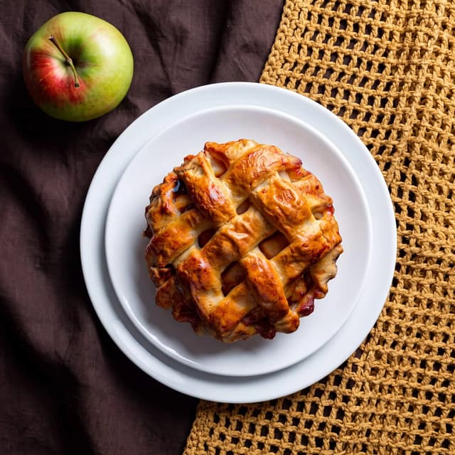 Lattice apple pie on brown linen and mustard knit — autumn backdrop food photography