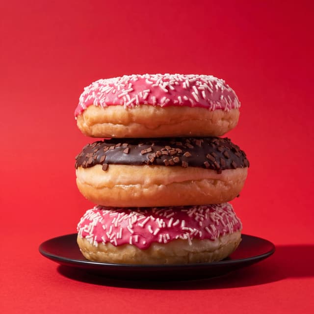 Stacked pink and chocolate glazed donuts on a black plate — red sweep food photography