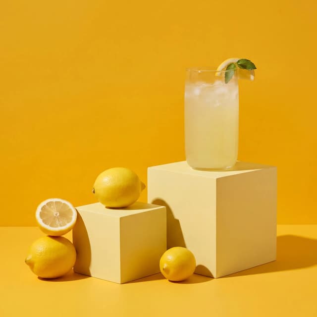 Iced lemonade glass on butter-yellow plinths with lemons — drink product food photography