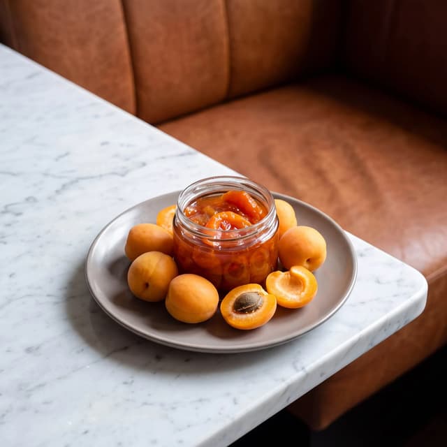 Glass jar of apricot preserves with fresh apricots on white marble — product background food photography