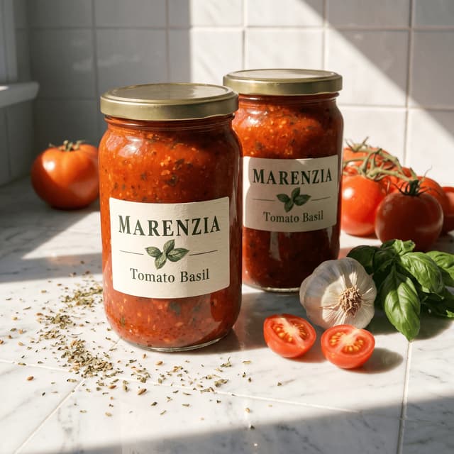 Pomidorų ir bazilikų padažo stiklainiai su pomidorais ant šakelių, išdėstyti ant marmuro plytelių — ilgai išsilaikančių maisto produktų fotografija