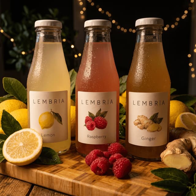 Trys limonado buteliai su citrinomis ir avietėmis ant bambuko — gėrimų produktų fotografija
