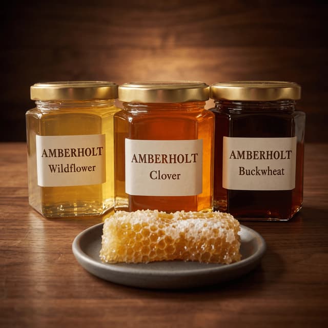 Trys medaus stiklainiai su šviežiu koriu ant tamsaus medžio — ilgai išsilaikančių maisto produktų fotografija
