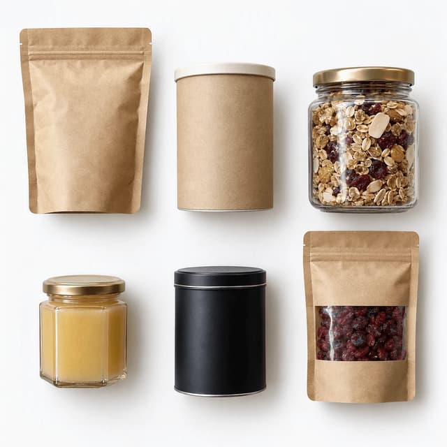 Overhead view of six unbranded packaged breakfast goods arranged in two rows of three on a seamless pure white background