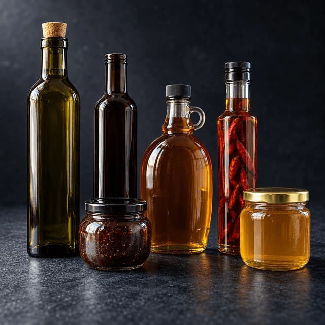 Six glossy unlabelled bottles and jars of oil, vinegar, syrup and preserve grouped on a dark navy-charcoal surface, each with a single clean highlight