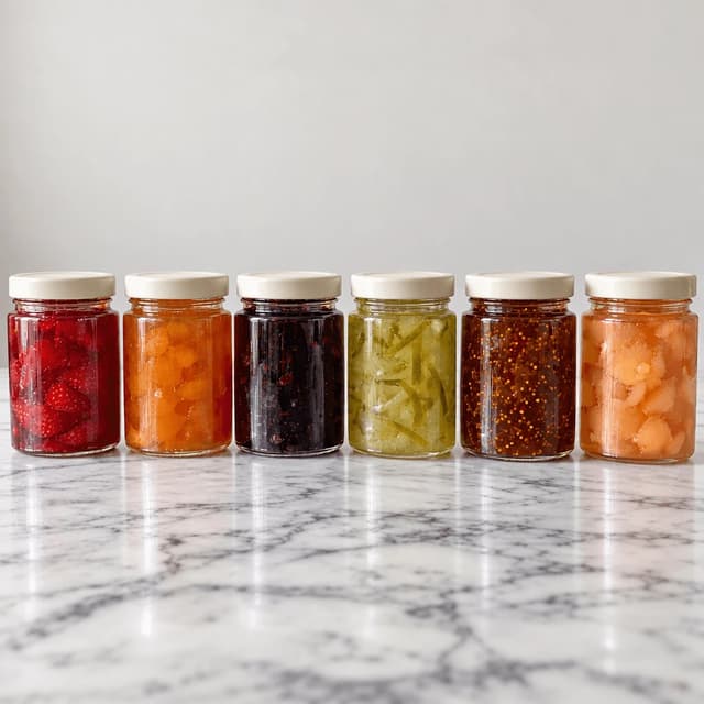 Six identical clear jars of fruit preserve in six different colours lined up in a straight row on white marble