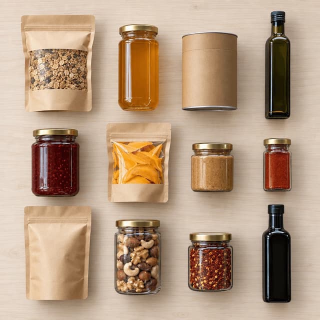 Overhead grid of twelve unbranded pantry products in pouches, tins, jars and bottles laid out in four columns on pale wood