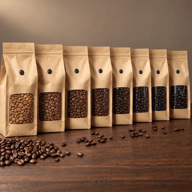 Eight unbranded kraft coffee bags of different roast levels lined along a dark walnut shelf with roasted beans scattered in front