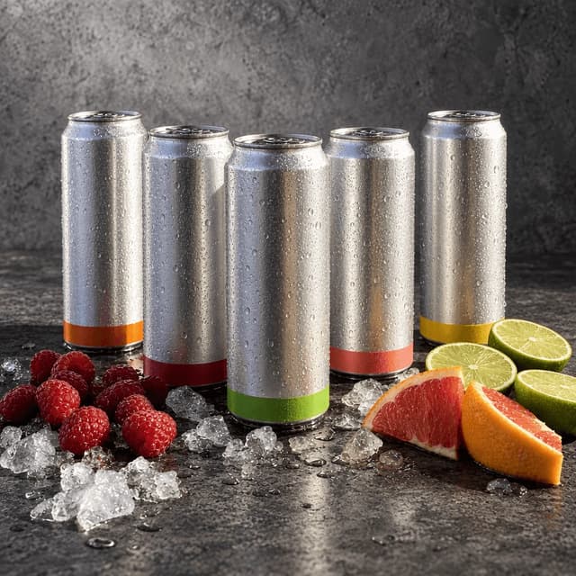 Five slim unbranded cans of craft fruit soda standing on wet dark grey concrete with citrus wedges, raspberries and crushed ice around them