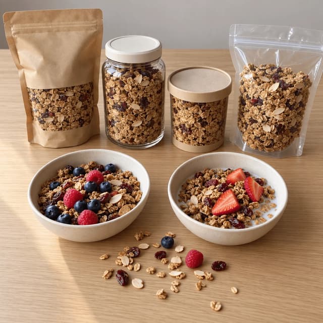 One granola product shown in four pack formats beside two bowls of granola topped with berries on pale oak