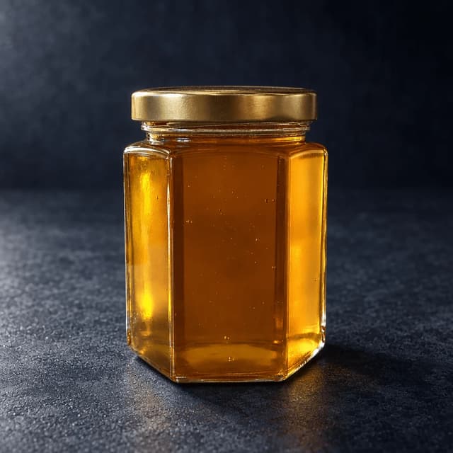Single unlabelled hexagonal glass jar of golden wildflower honey standing on a seamless pure white background with a soft grounded contact shadow