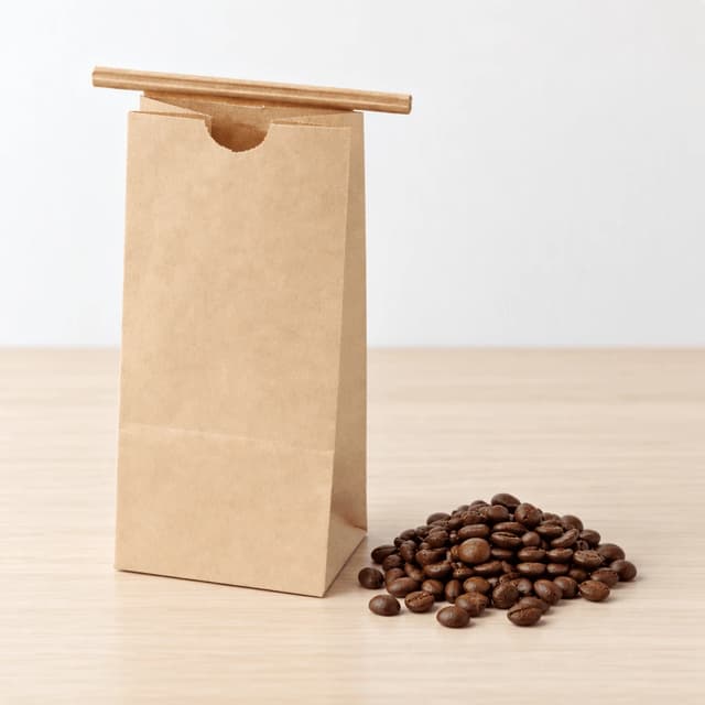 Single plain kraft paper stand-up coffee pouch with a small scatter of dark roasted beans at its base on pale wood