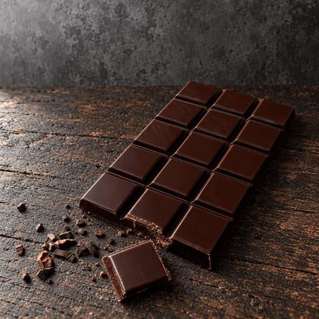 Single unwrapped dark chocolate bar with one square snapped away, showing the matte fracture edge and scattered cocoa nibs