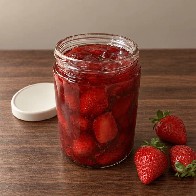 Single clear glass jar of glossy ruby red strawberry preserve with the lid off, showing whole fruit pieces suspended in the set