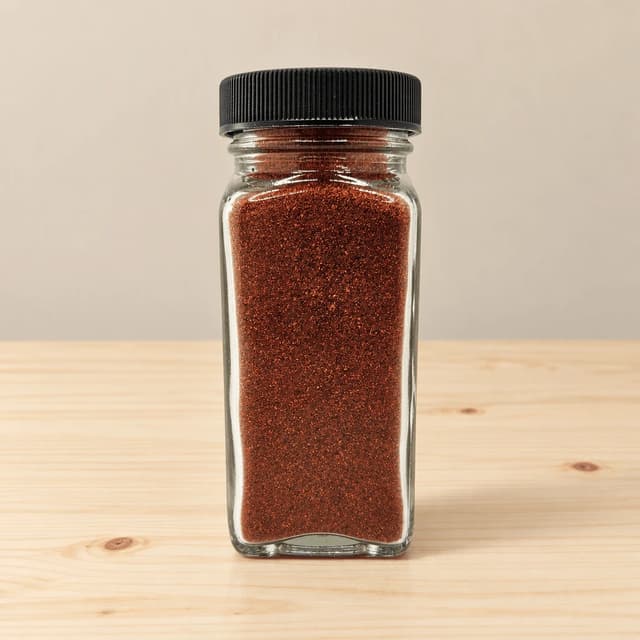 Single small clear glass jar of deep red ground sweet paprika with two whole dried chillies resting beside it on pale pine