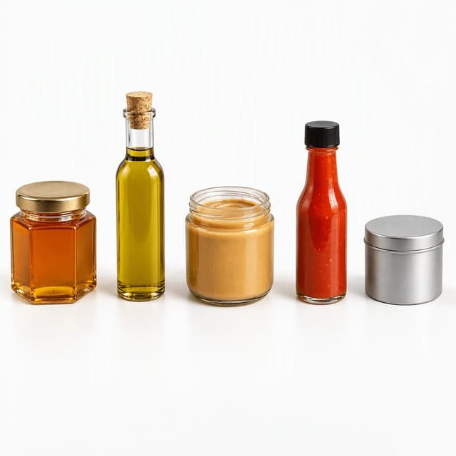 Row of five unlabelled glass containers, a honey jar, an oil bottle, a nut butter jar, a hot sauce bottle and a spice tin, on seamless white