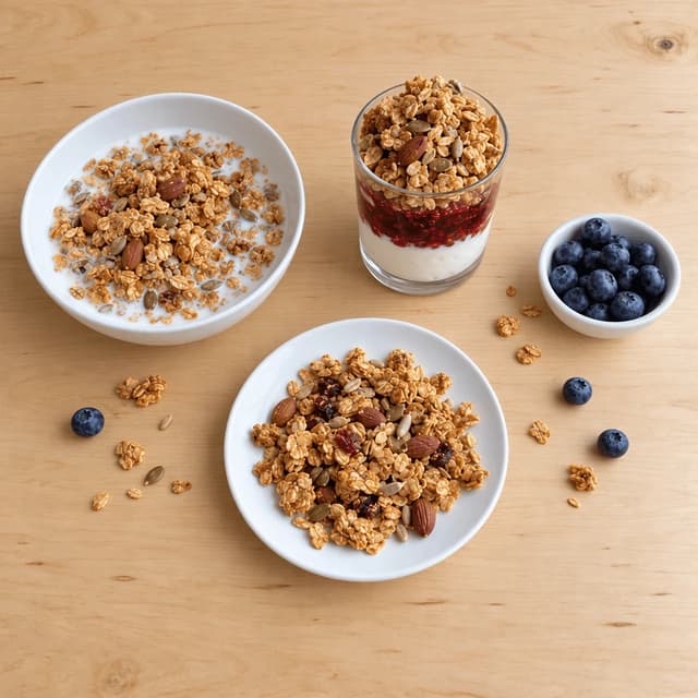 Overhead spread of granola served three ways, a bowl with milk, a layered yogurt glass and a plate of loose clusters, with berries on pale oak