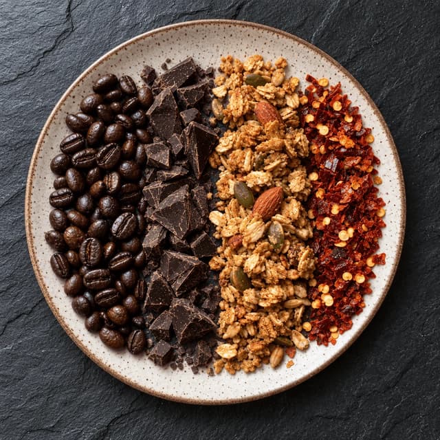 Overhead close-up of four product textures laid in bands on a cream speckled ceramic plate on dark slate: dark roast coffee beans, chocolate chunks, granola clusters and red chilli flakes