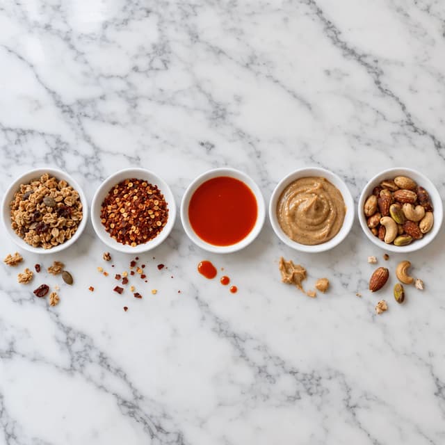 Overhead row of five matching small white dishes each holding one single serving, granola, chilli flakes, hot sauce, nut butter and roasted nuts