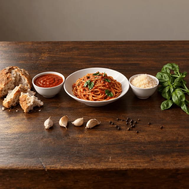 Lateral spread on dark walnut of a bowl of spaghetti in tomato sauce, a bowl of extra sauce, torn bread, a bowl of grated cheese and fresh basil