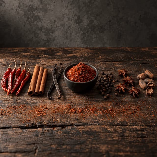 Low-angle spread on weathered dark wood of whole dried chillies, cinnamon, star anise, peppercorns, vanilla pods and cocoa beans around a black dish of finished blend