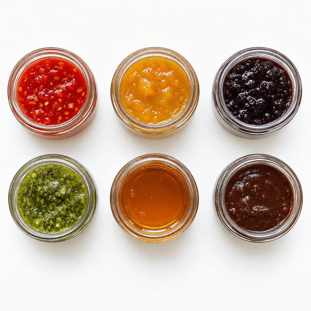 Overhead three by two grid of six identical unlabelled glass jars holding six different coloured sauces and preserves on seamless white