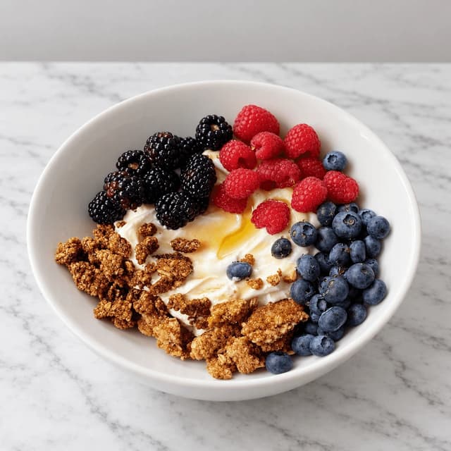 Single white bowl of toasted granola clusters over thick yogurt with fresh raspberries, blackberries and blueberries on pale marble