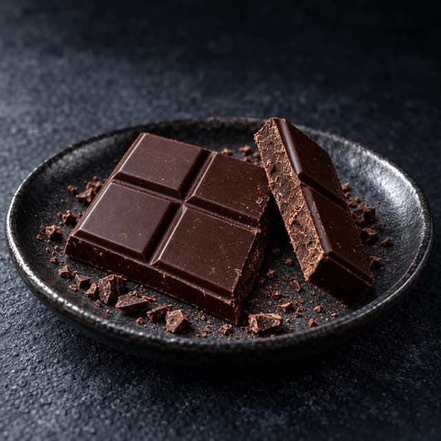 Close-up of a snapped bar of dark chocolate on a dark speckled ceramic plate, the fractured edge and moulded squares visible with scattered cocoa crumbs