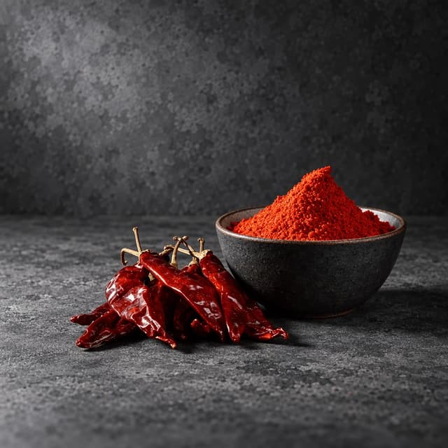 Small charcoal stoneware bowl heaped with deep red smoked paprika seasoning with whole dried chillies beside it on a dark grey concrete surface