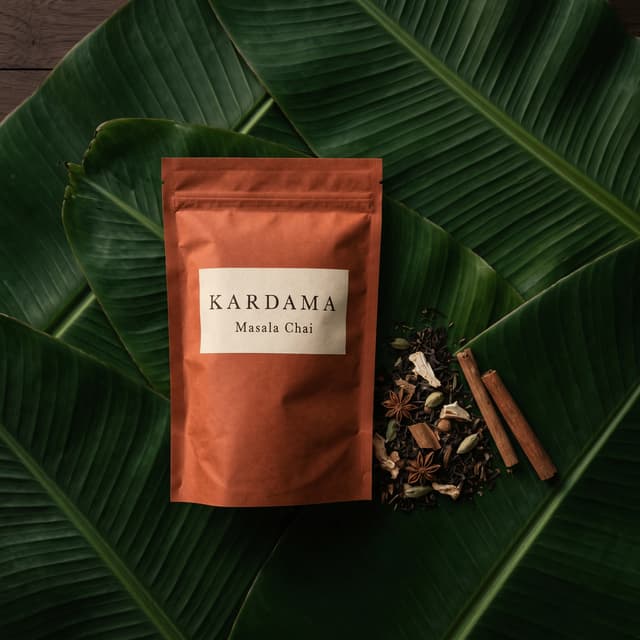 Saco de masala chai com especiarias inteiras sobre folhas de bananeira — fotografia para conteúdo A+ da Amazon