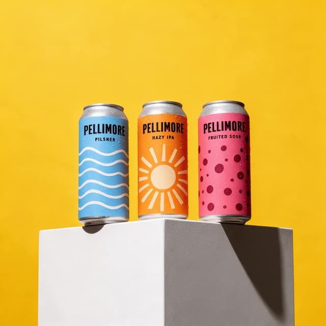 Three craft beer cans on a white cube against yellow — weekly can release photography