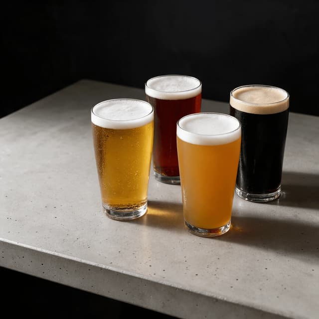 Four craft beer pints from golden to stout on gray concrete — pint pour photography