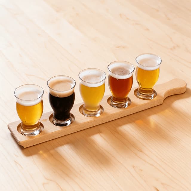 Five-glass beer tasting flight on a paddle on pale maple — taproom flight photography