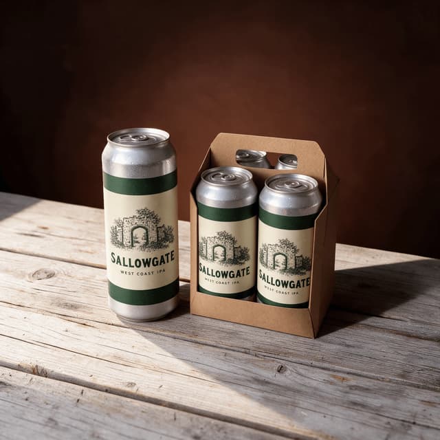 Crowler and four-pack of IPA cans on weathered planks — online beer shop photography