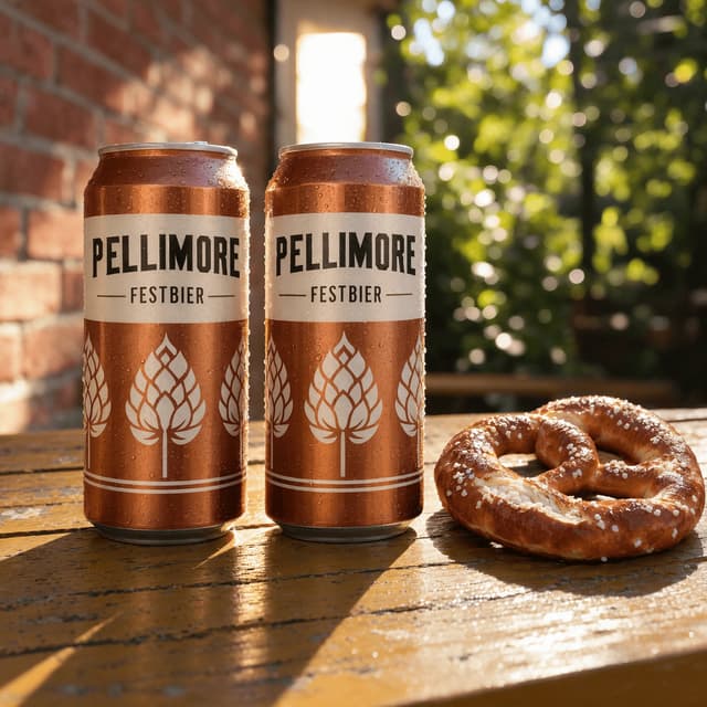 Festbier cans and a soft pretzel on a sunny courtyard table — seasonal beer photography