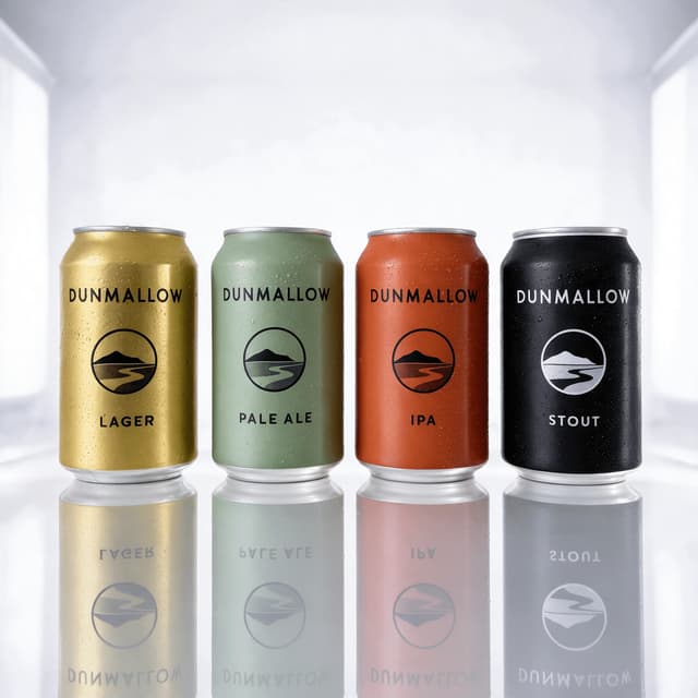 Four craft beer cans in a row on glossy white — distributor sell-sheet photography