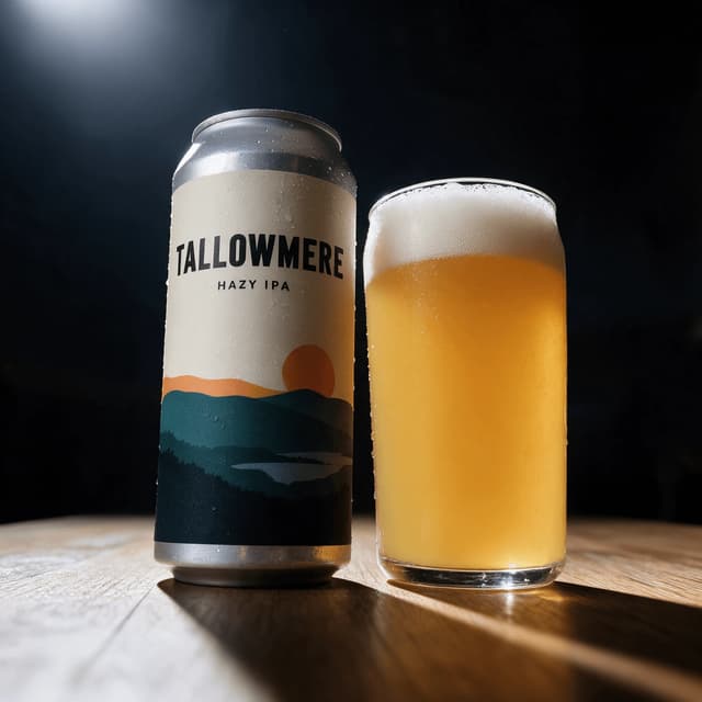 Hazy IPA can and poured glass on an oak bar — craft beer release photography