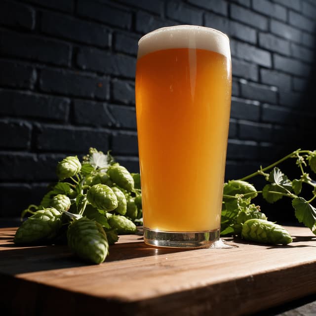 Hazy pale ale pint with fresh hops by a brick wall — harvest beer photography