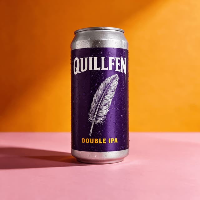 Double IPA crowler with a violet label on pink and orange — crowler product photography