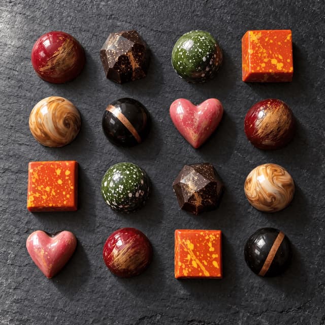 Sixteen hand-painted bonbons in rows on black slate, seen from above — chocolatier photography