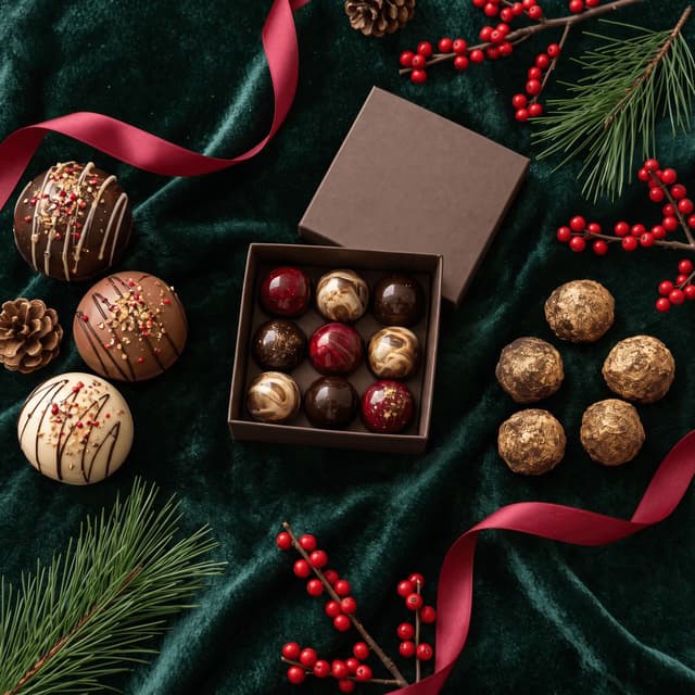 Hot chocolate bombs and gold-dusted truffles on emerald velvet — holiday chocolate photography