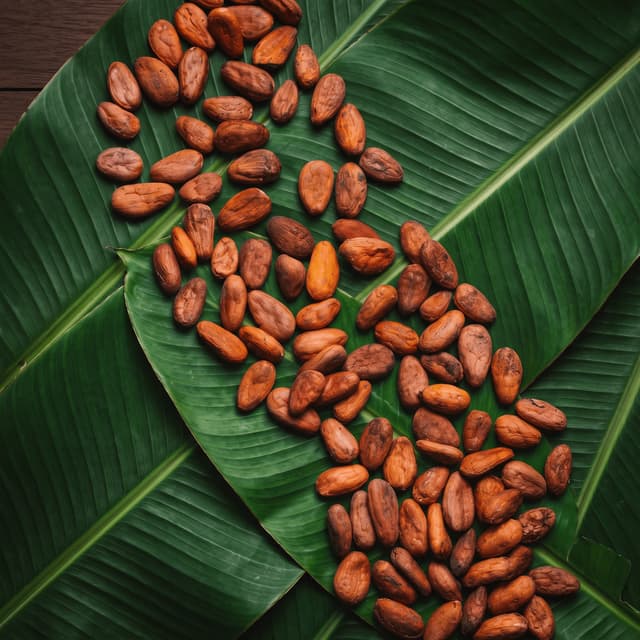 Dried cacao beans across green banana leaves, from above — bean-to-bar origin photography