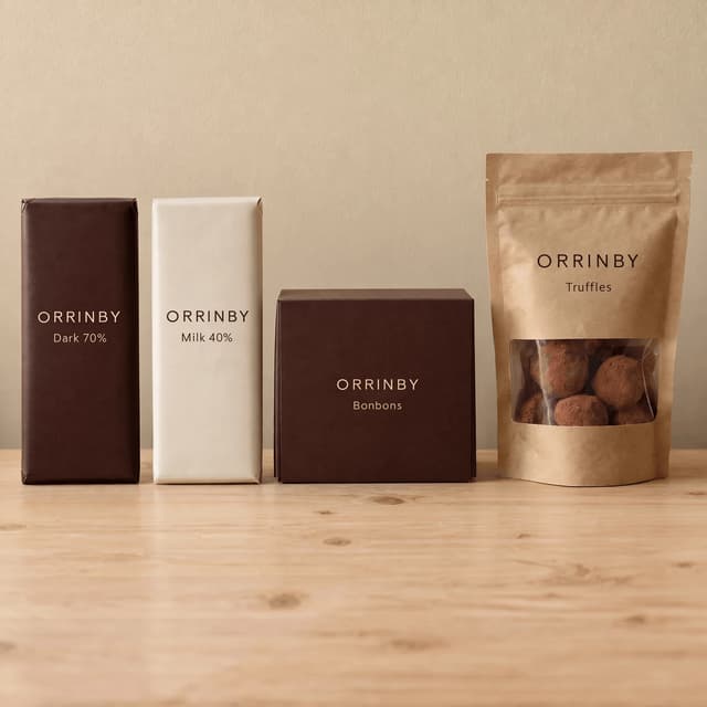 Wrapped bars, a bonbon box and a truffle bag — wholesale chocolate catalog photography