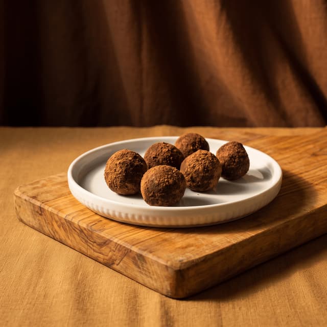 Cocoa-dusted chocolate truffles on a white plate and olive-wood board — truffle food photography