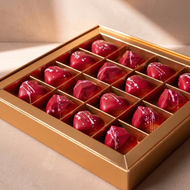 Red heart-shaped bonbons in an open gold box on blush plaster — Valentine's chocolate photography