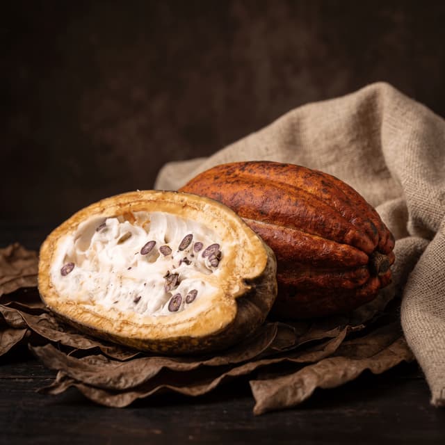 Split cacao pod and a whole pod on dried leaves — bean-to-bar origin photography